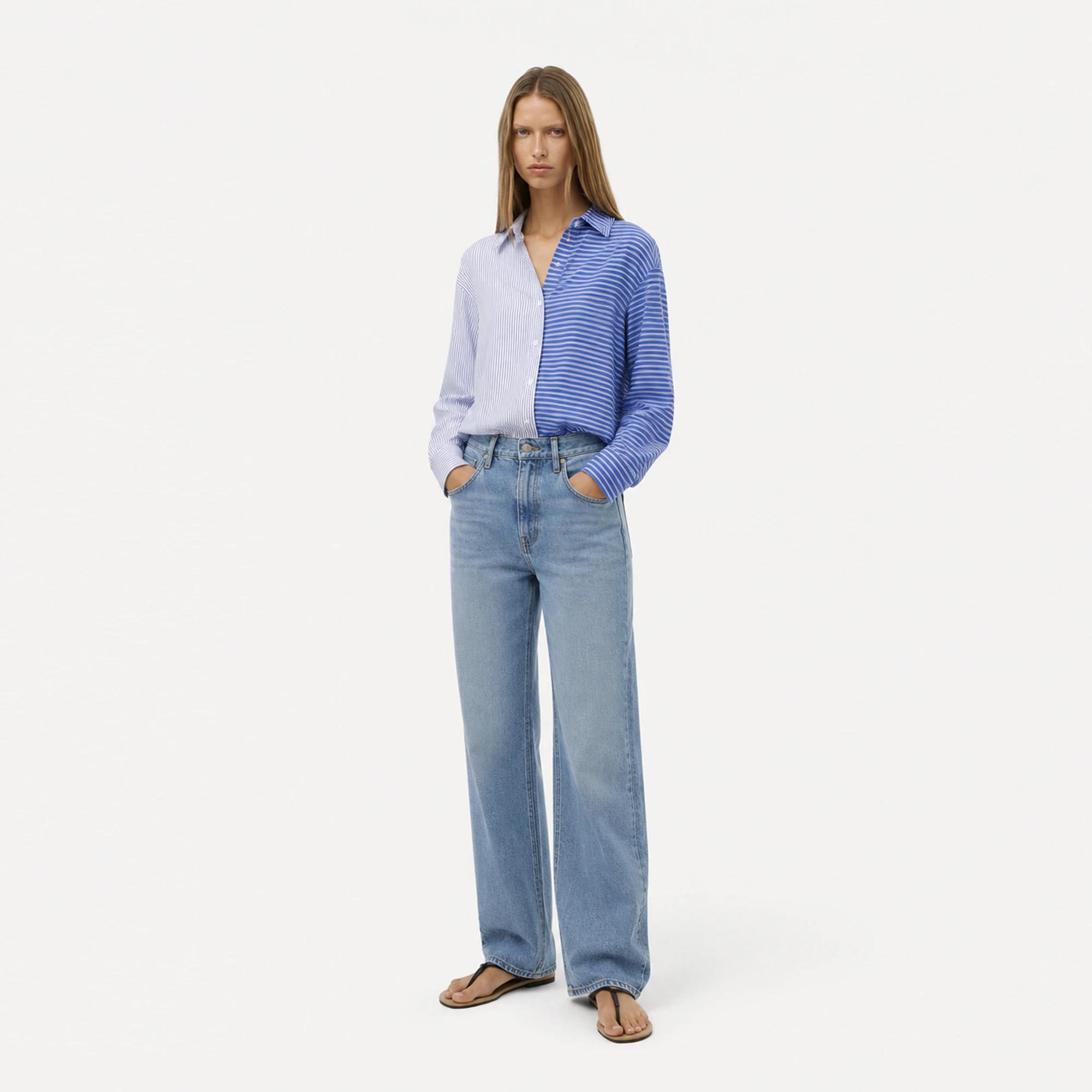 Women's Asymmetrical Mixed-Stripe Button-Down Shirt Thumbnail 1