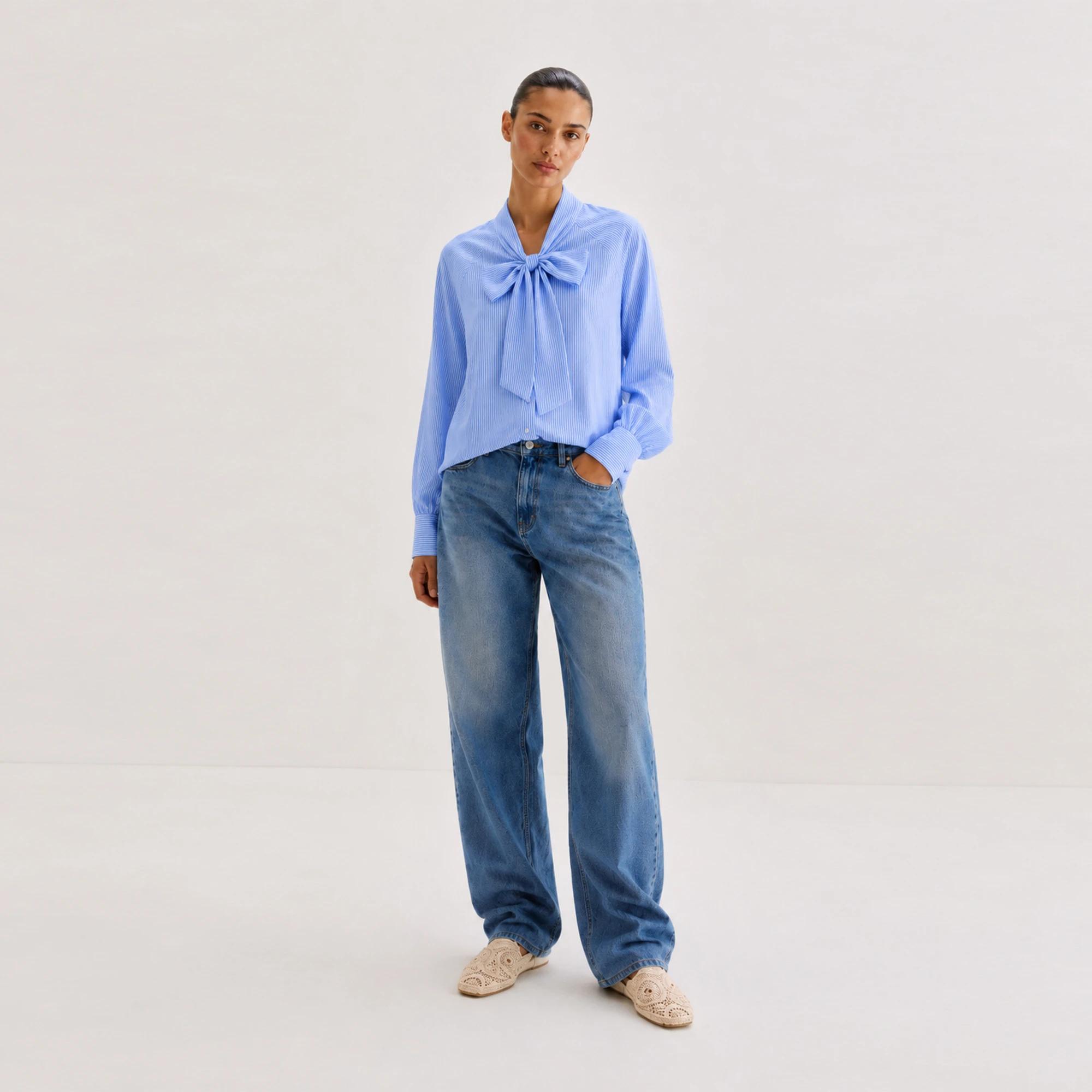 Women's Pinstripe Tie-Neck Long-Sleeve Blouse Thumbnail 1