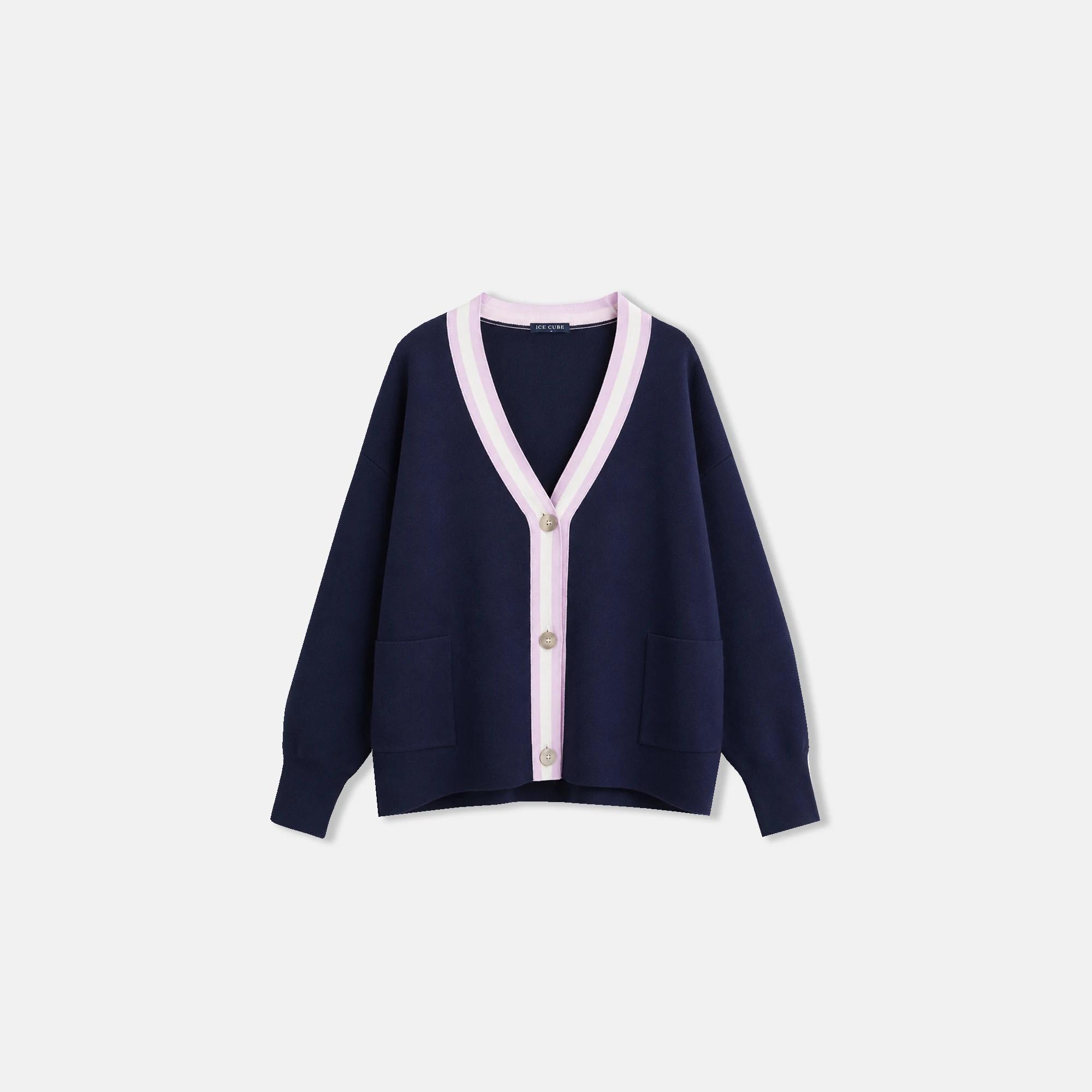 WOMEN'S STRIPED TRIM BUTTON-FRONT CARDIGAN media preview 2