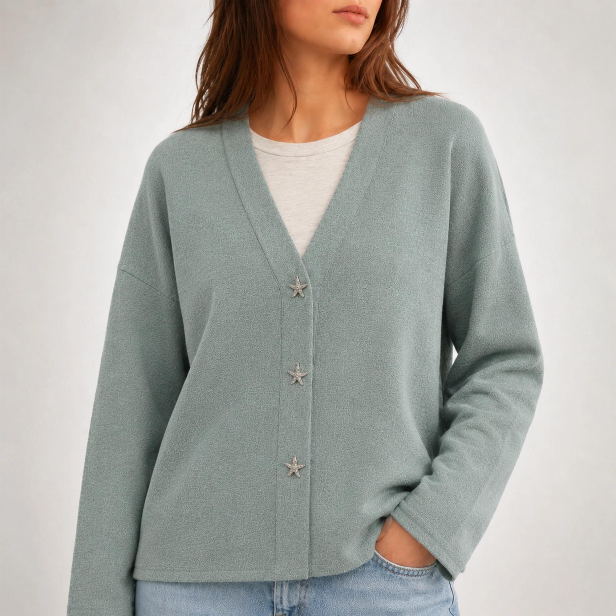 Women's V-Neck Knit Cardigan with Star Detail Buttons alternative product image