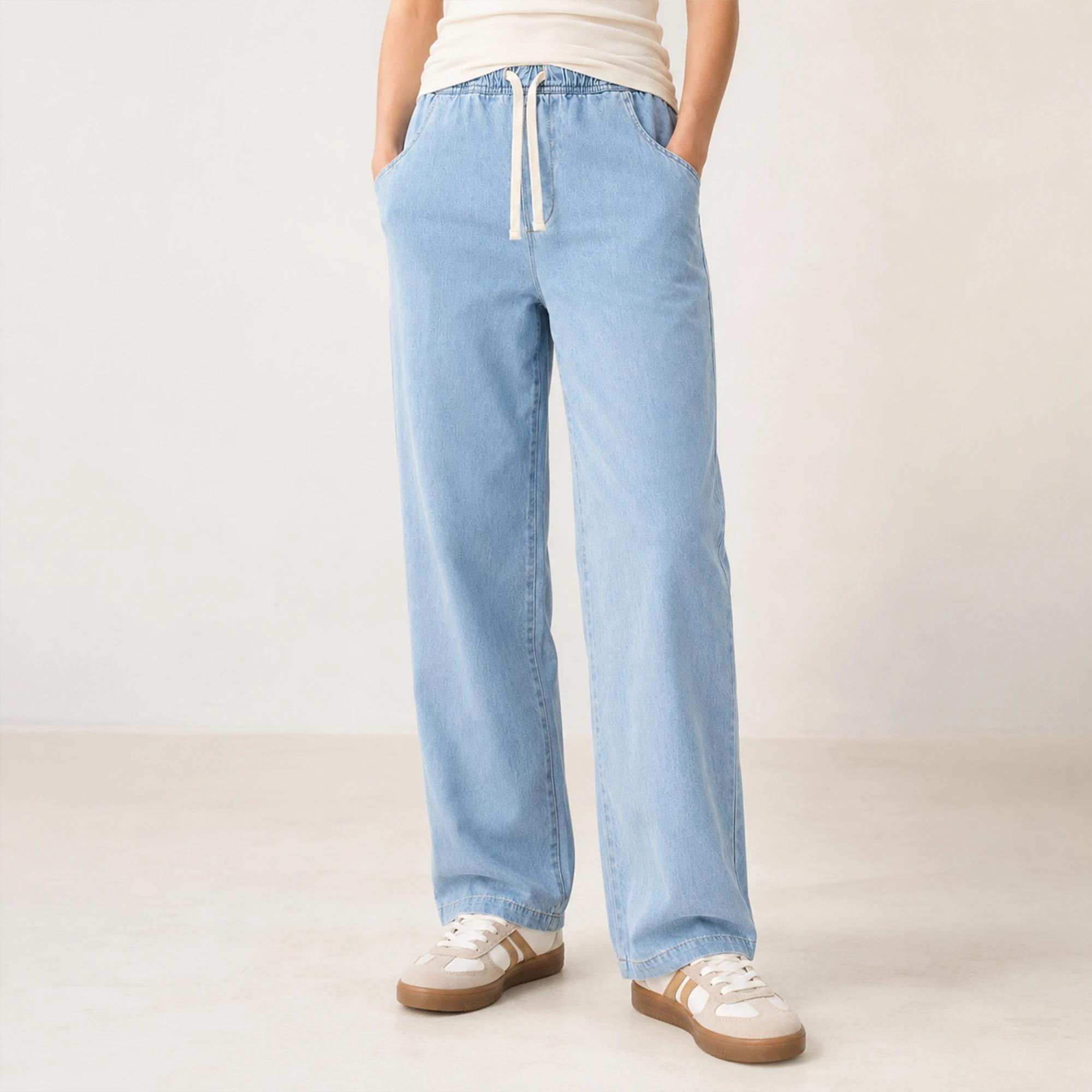 WOMEN'S ELASTIC WAIST DRAWSTRING DENIM PANTS media preview 1