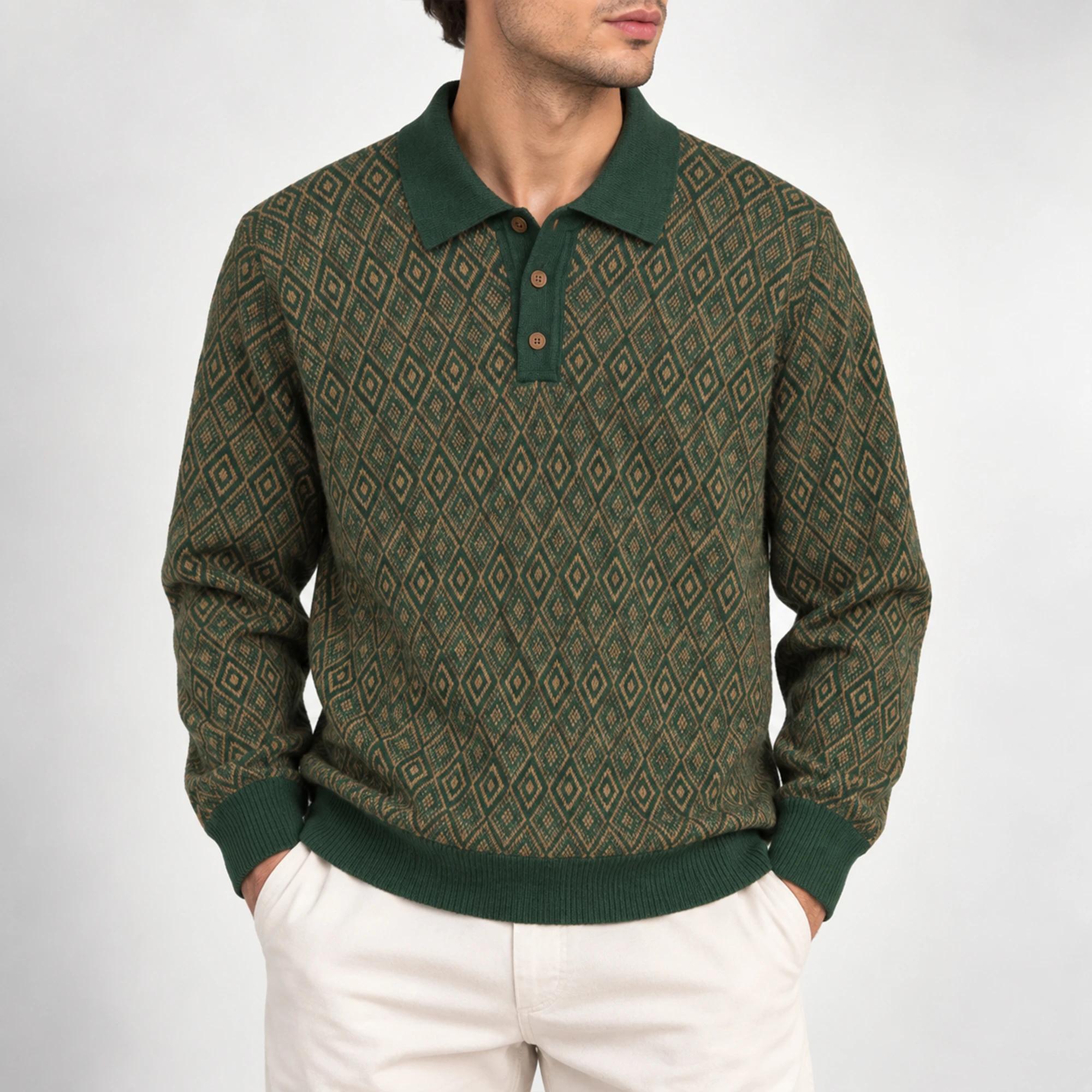 كنزة بولو رجالية محبوكة بنمط جاكار هندسي alternative product image