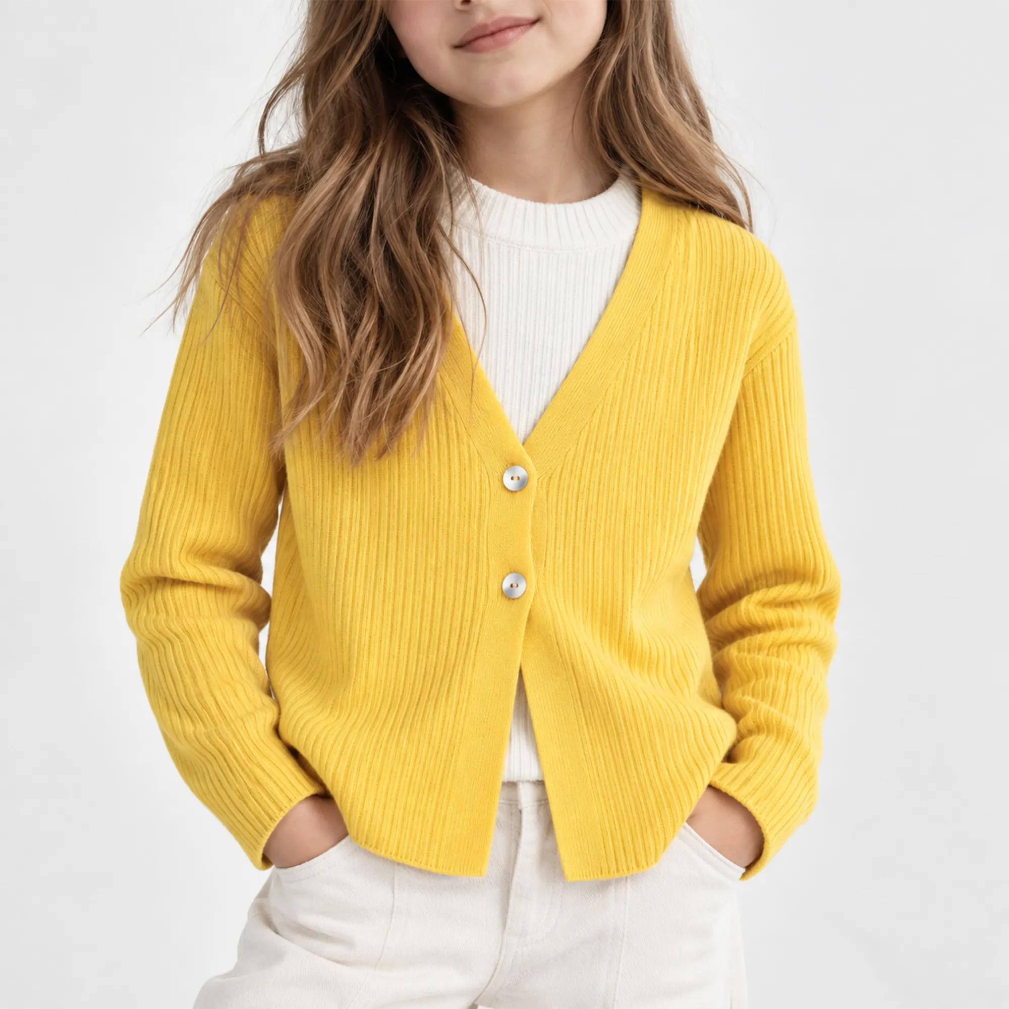 GIRLS' RIBBED V-NECK KNIT CARDIGAN Thumbnail 1