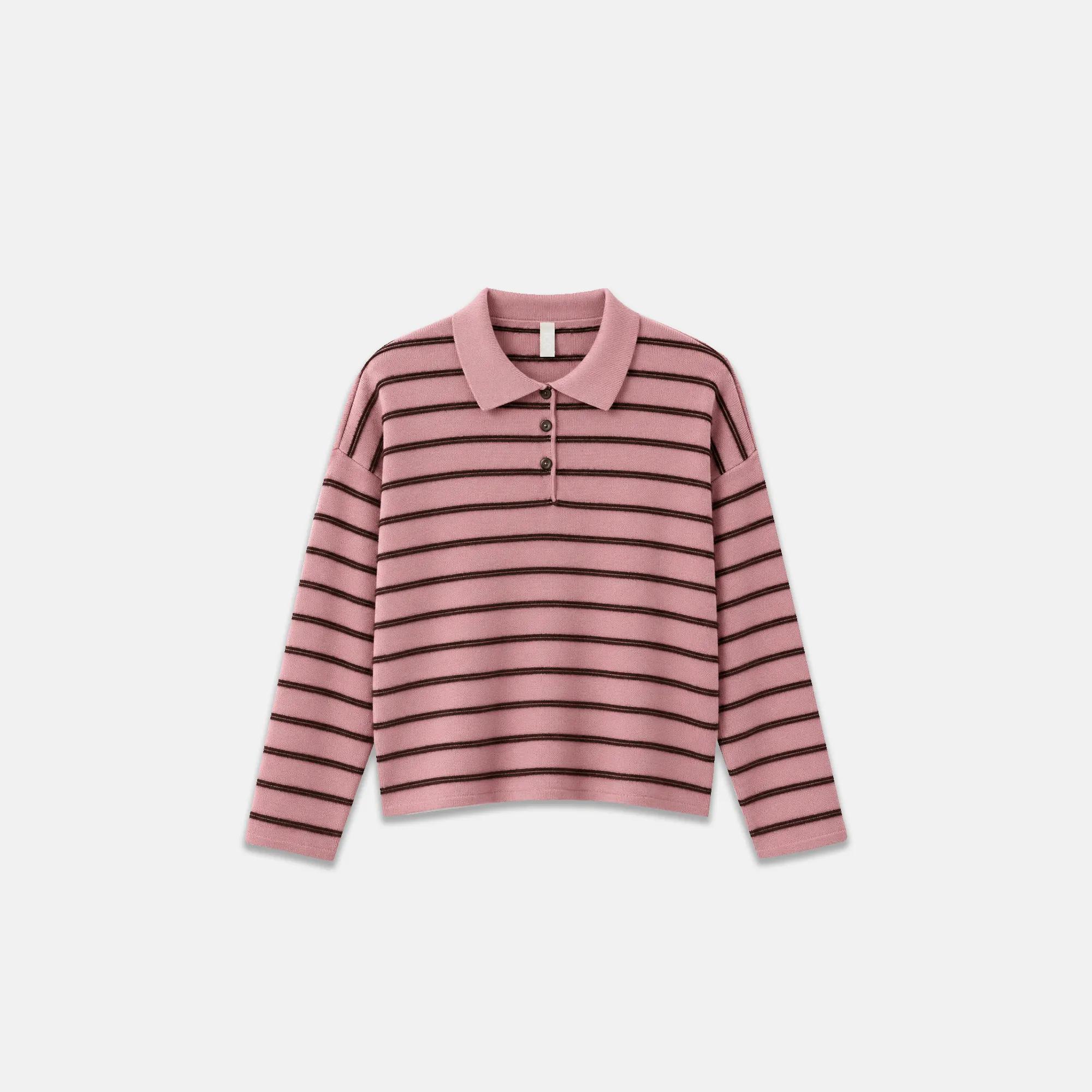 WOMEN'S STRIPED KNIT LONG SLEEVE POLO SWEATER TOP alternative product image