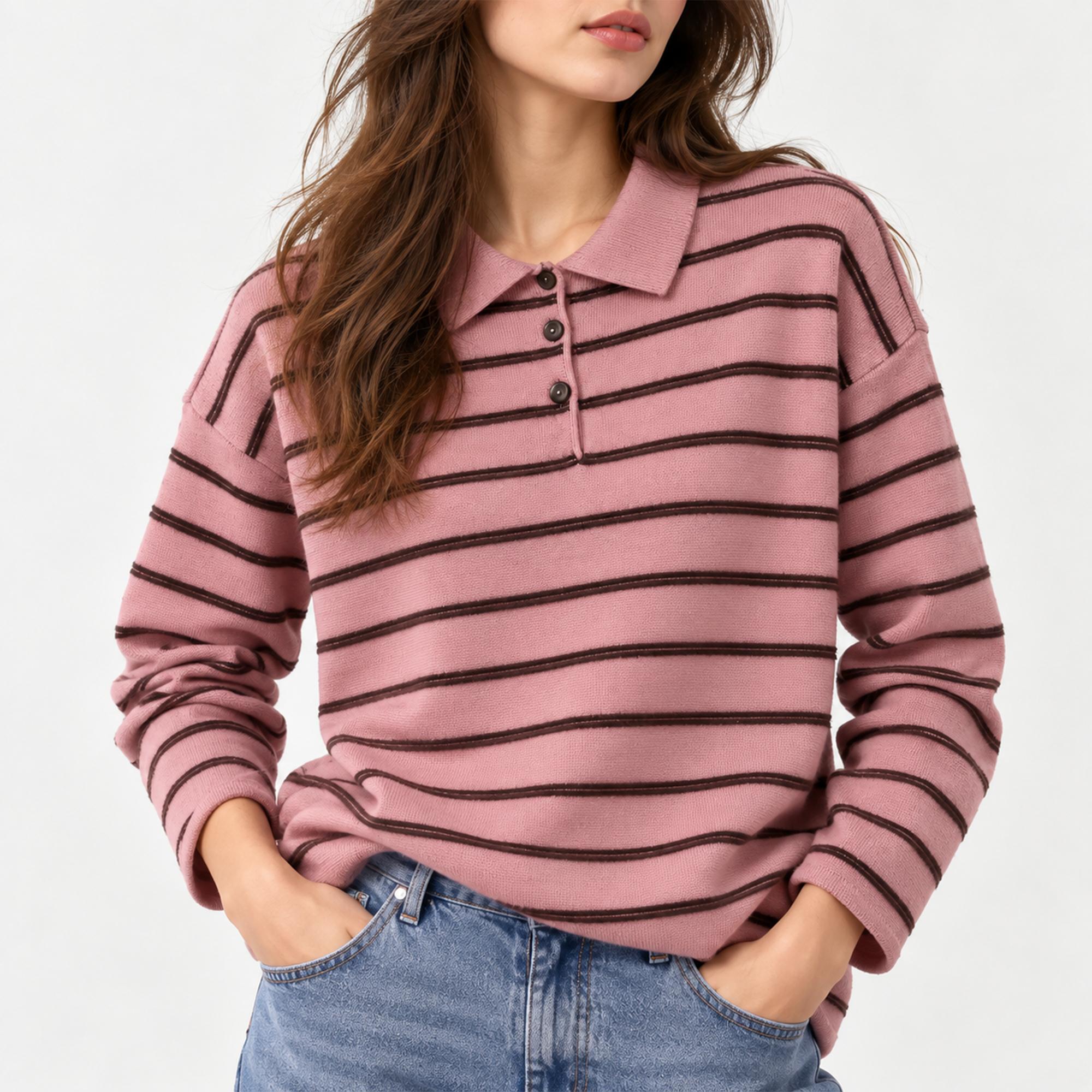 كنزة بولو نسائية محبوكة ومخططة بأكمام طويلة media preview 4