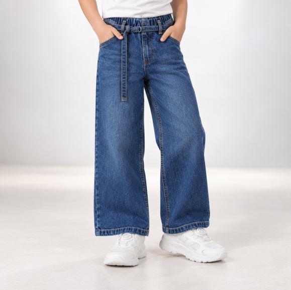 بنطال جينز بخصر مرتفع وأرجل واسعة للفتيات مع حزام alternative product image