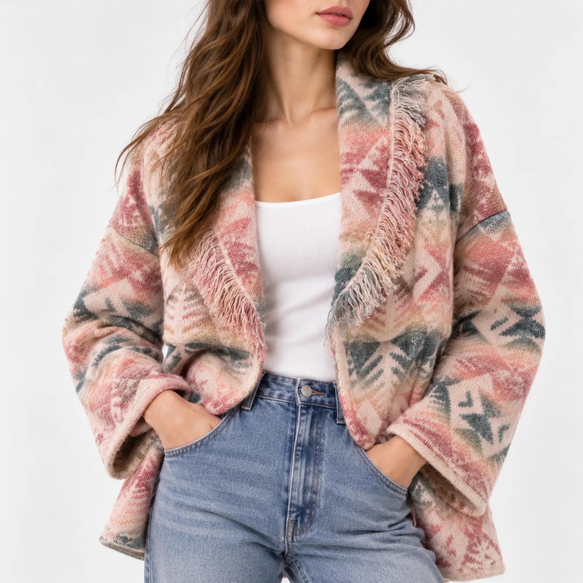 WOMEN'S JACQUARD KNIT CARDIGAN WITH FRINGE TRIM product image
