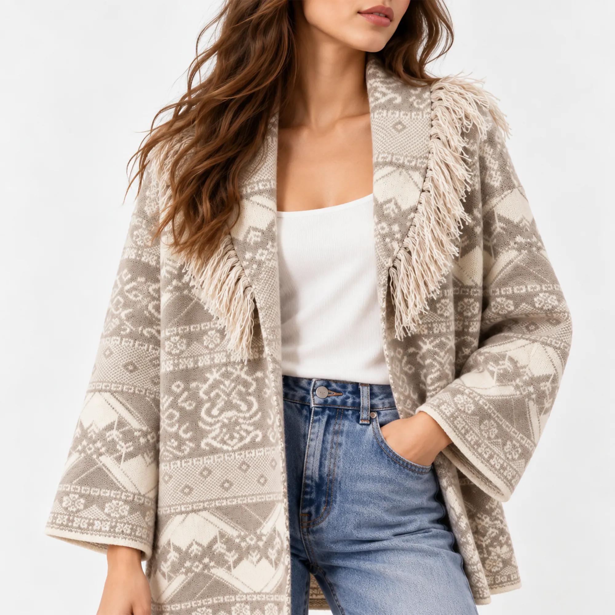 WOMEN'S GEOMETRIC JACQUARD KNIT CARDIGAN WITH FRINGE TRIM product image