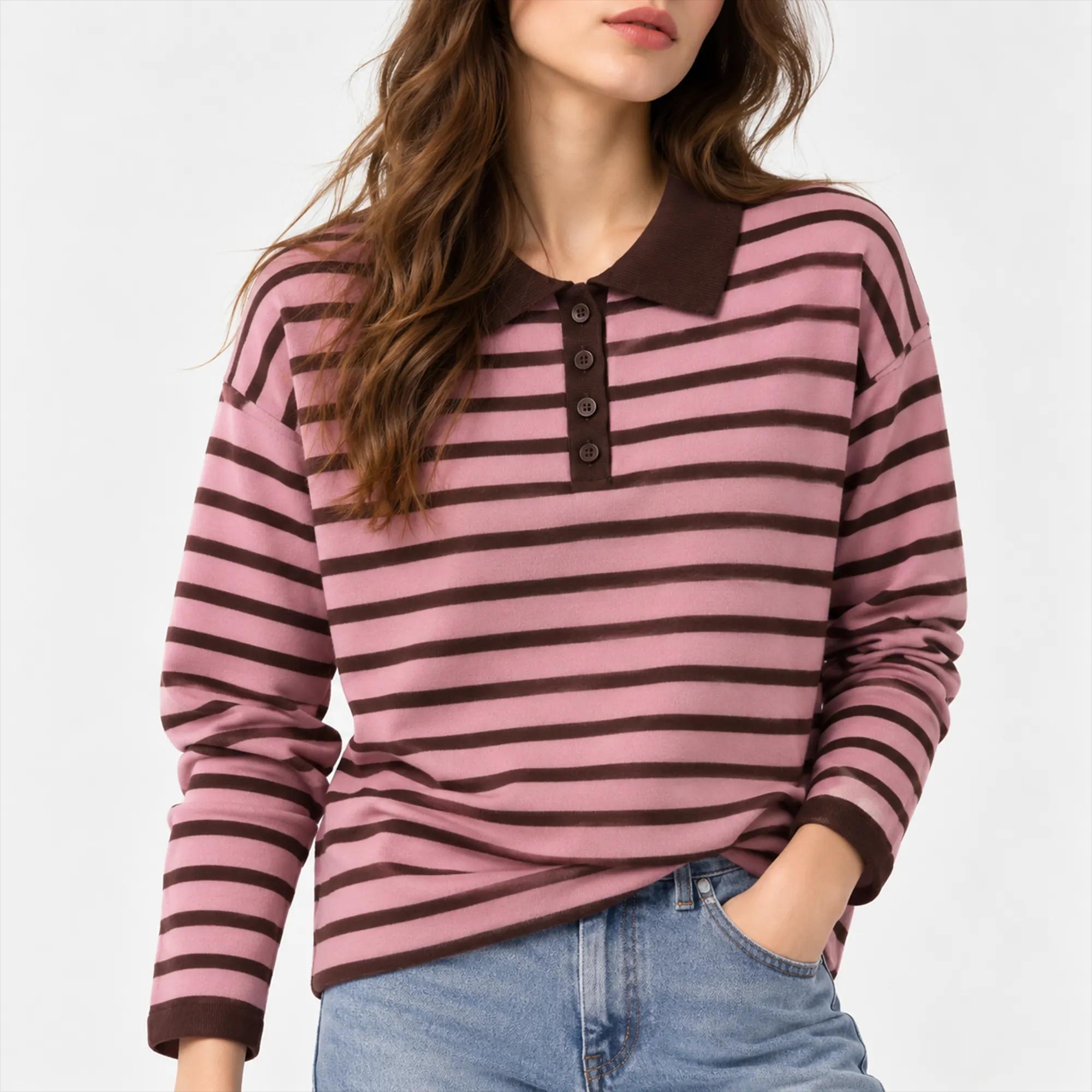 WOMEN'S STRIPED VISCOSE BLEND LONG SLEEVE POLO SWEATER TOP product image