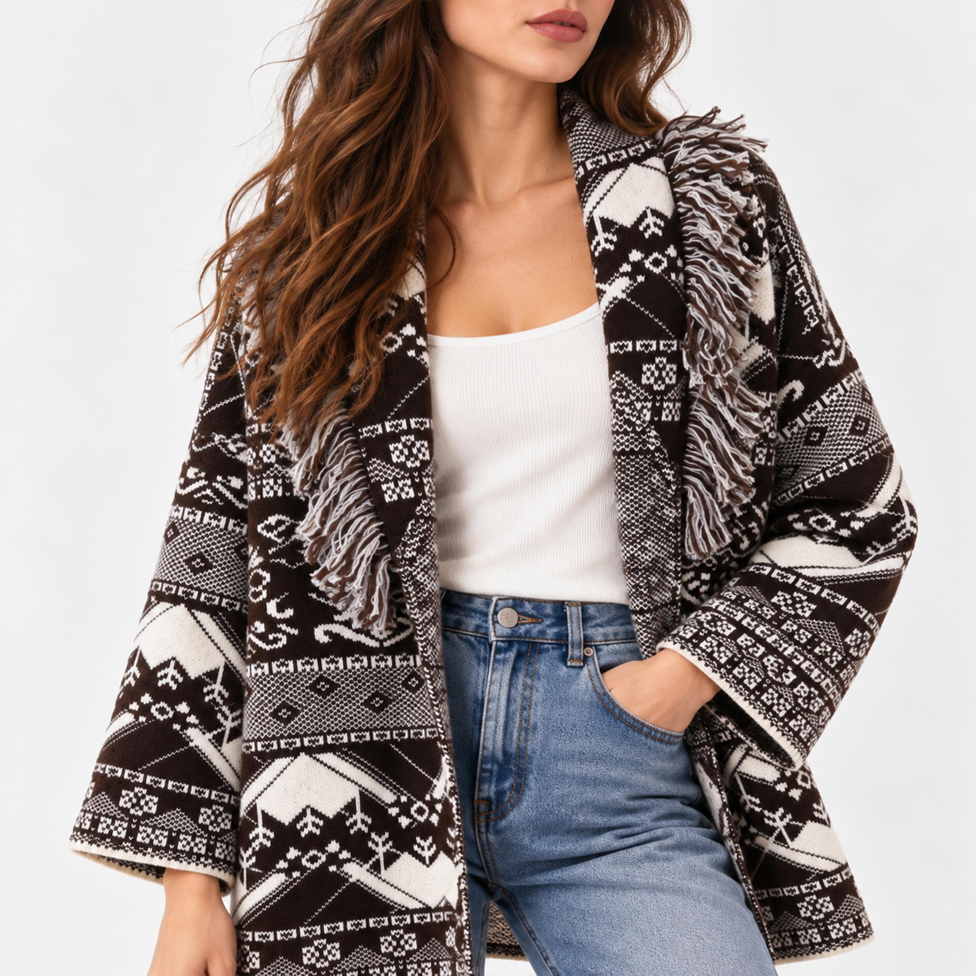 WOMEN'S PATTERNED FRINGE OPEN FRONT KNIT CARDIGAN product image